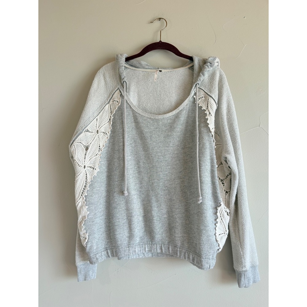 Free People Crochet Inset Hoodie Heather Gray Lace Relaxed Slub Sweatshirt M